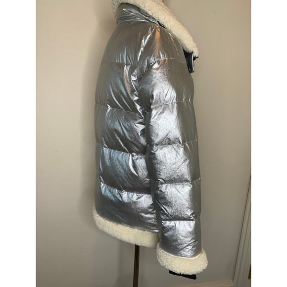Sanctuary Silver Shine Down Puffer Jacket Cream Shearling Collar Trim Sz Small - Picture 6 of 15